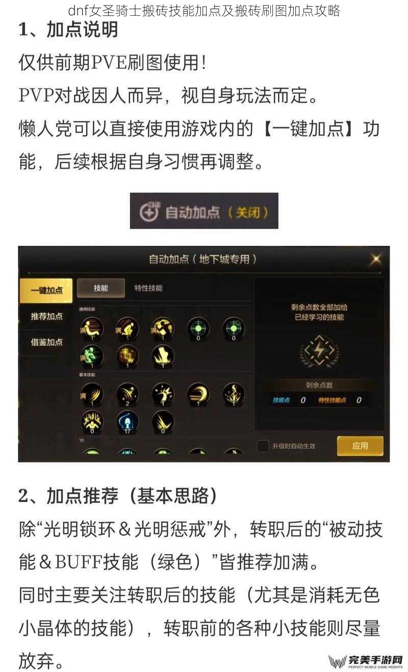 dnf女圣骑士搬砖技能加点及搬砖刷图加点攻略
